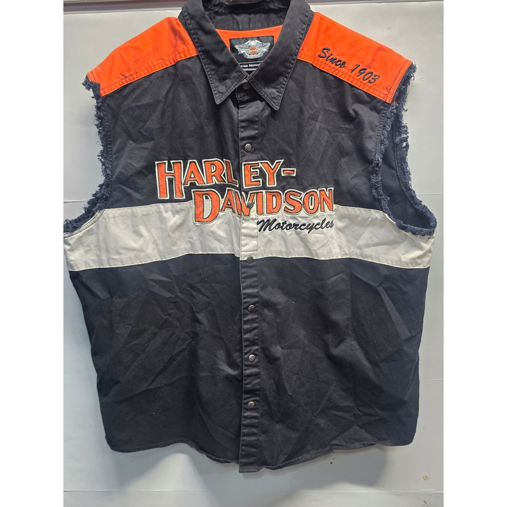 Harley-Davidson Mens 2XL Sleeveless distressed Biker Shirt Embroidered Logo